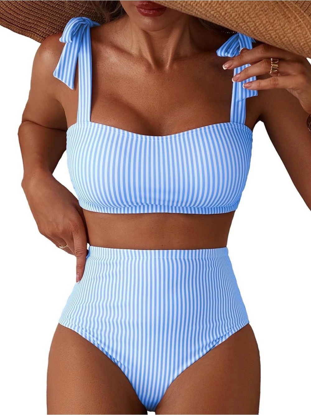 Herseas Tie Shoulder Bikini Sets 2 Piece Striped Swimsuits High Waisted Large